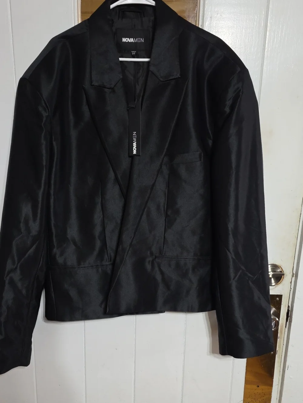 NWT Nova MEN Money Routine Cropped Suit Jacket Shiny Black Pockets Modern XXXL